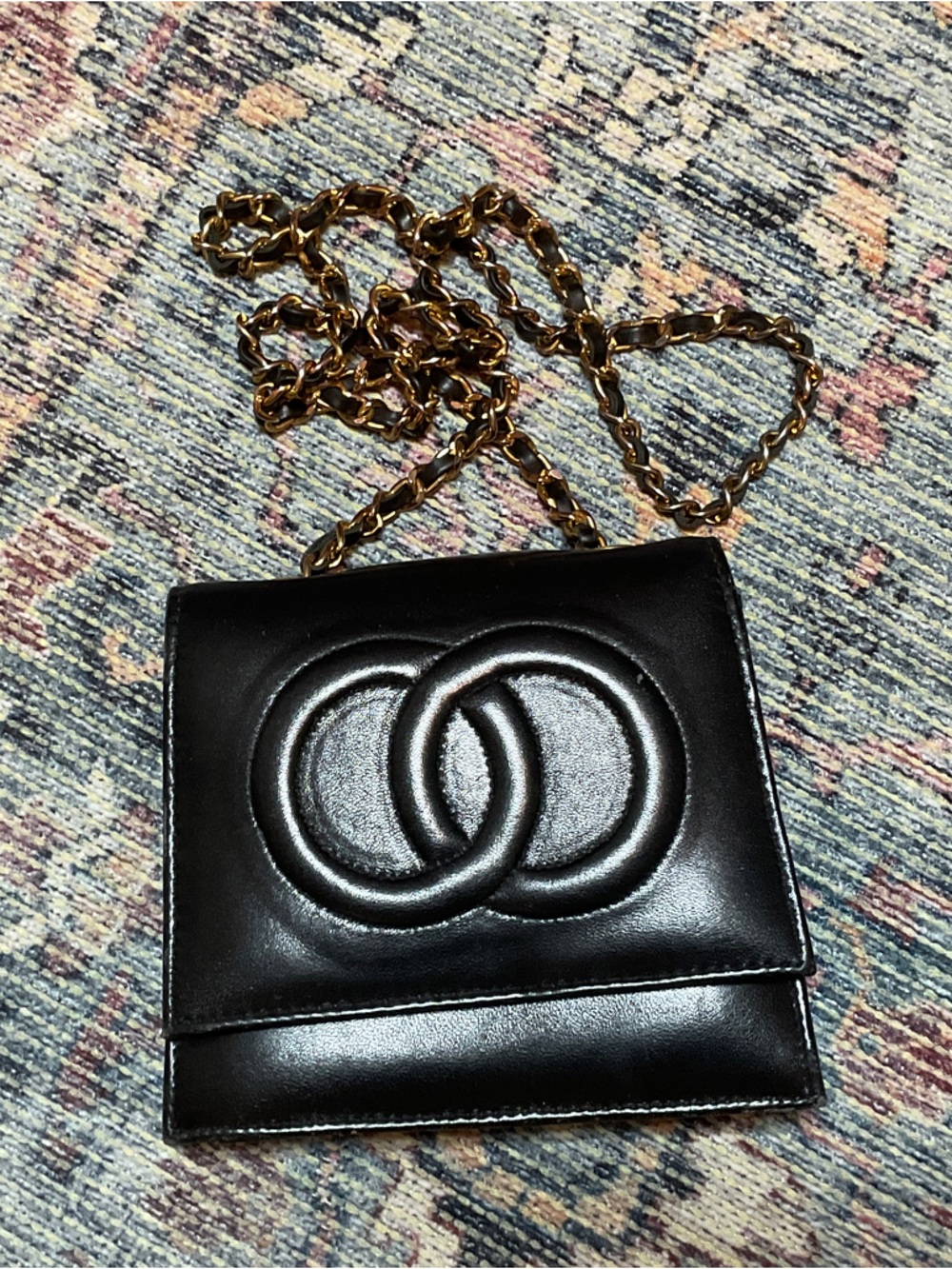 Black Leather Chain Crossbody Bag with Interlocking Circle Detail